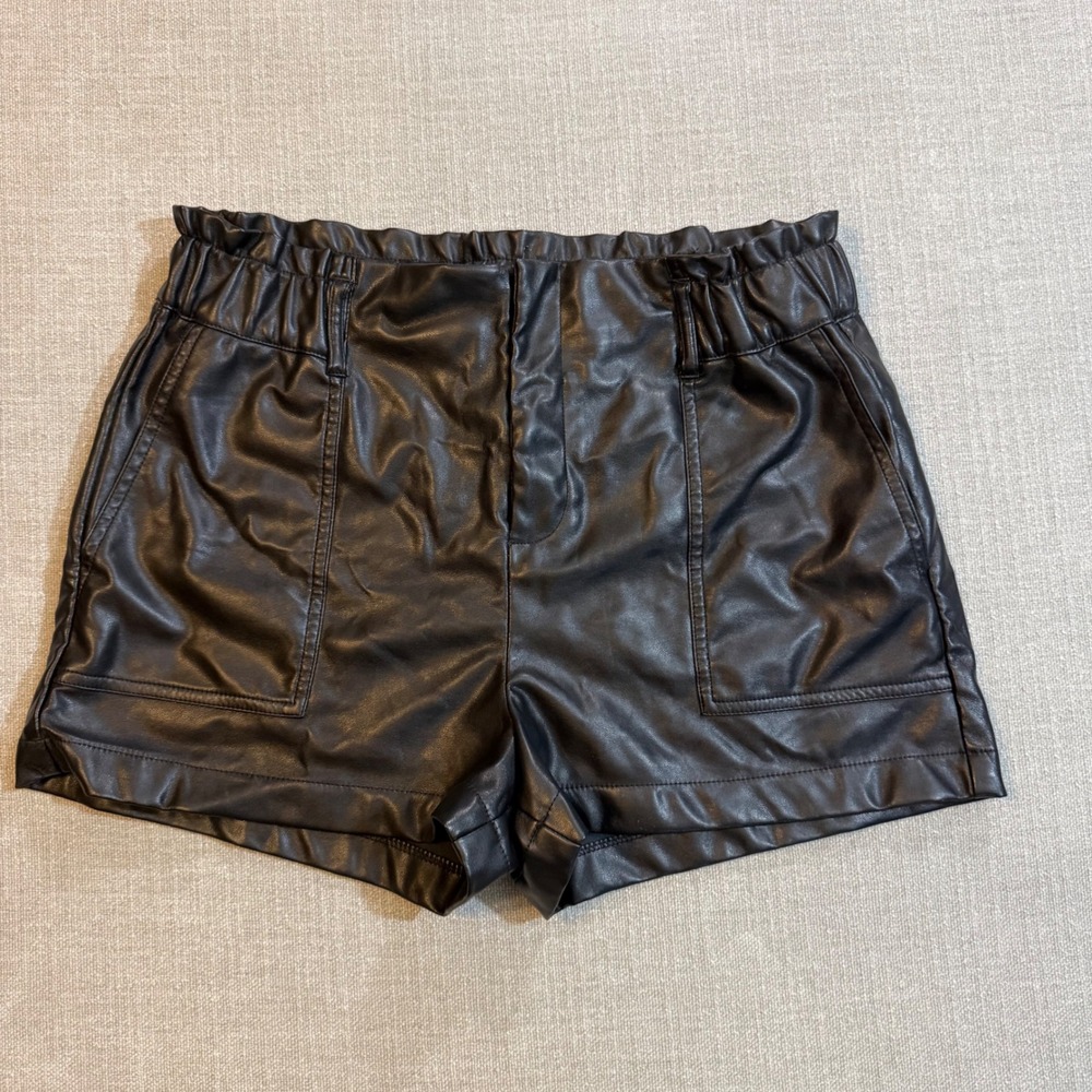 Shinestar Faux Leather Shorts Black High Waisted Paperbag Waist Large Y2K Boho